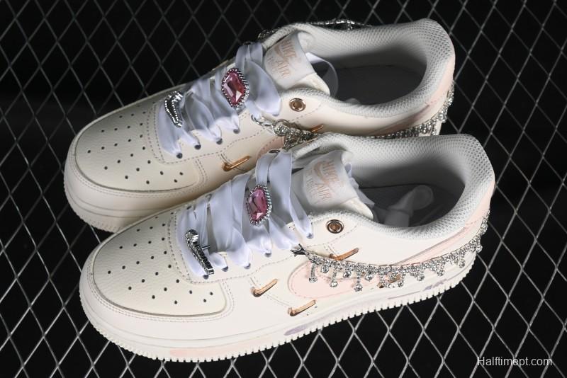 Nike Air Force 1 '07 Low Casual Sneakers in Romantic Pink-Purple with Diamond Chain Accessories - FV1122-333