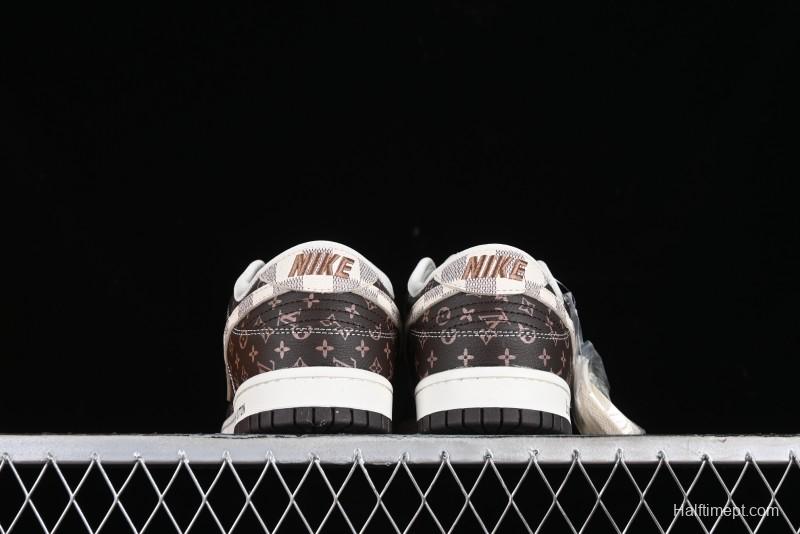 Nike SB Dunk Low LV Collaboration - Checkerboard Brown Monogram White Swoosh Anniversary High-End Custom Low-Top Casual Skate Shoes - SJ2068-255