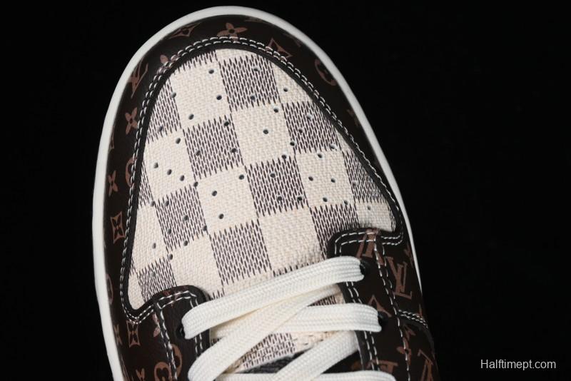 Nike SB Dunk Low LV Collaboration - Checkerboard Brown Monogram White Swoosh Anniversary High-End Custom Low-Top Casual Skate Shoes - SJ2068-255