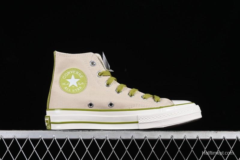 Converse Chuck 70 High Top Casual Canvas Sneakers with Light Beige Upper and Avocado Green Accents - A08530C