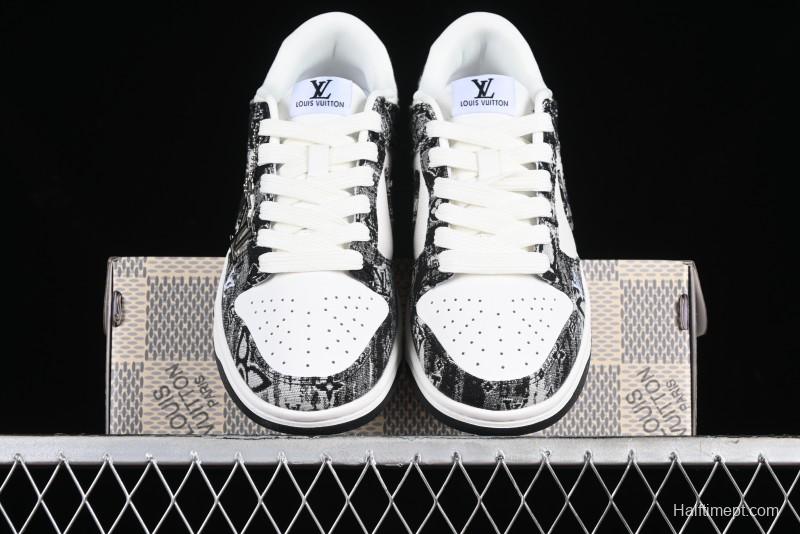 Nike SB Dunk Low LV Collaboration - Black Denim Anniversary High-End Custom Low-Top Casual Skate Shoes - XB3802-351