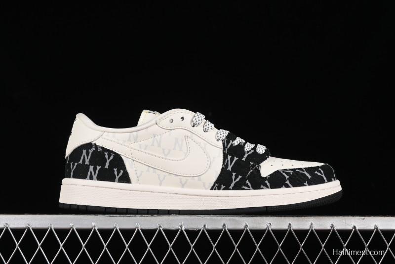 Nike Travis Scott x Fragment Design x Air Jordan 1 Low OG SP AJ1 MLB Collaboration - NY Black Print Low Top Casual Sneakers SJ2068-104