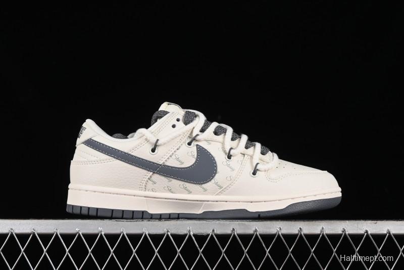 Stussy x Nike Dunk Low SB Sneakers in Off-White and Gray with Stussy S Titanium Accessory - SJ2068-275