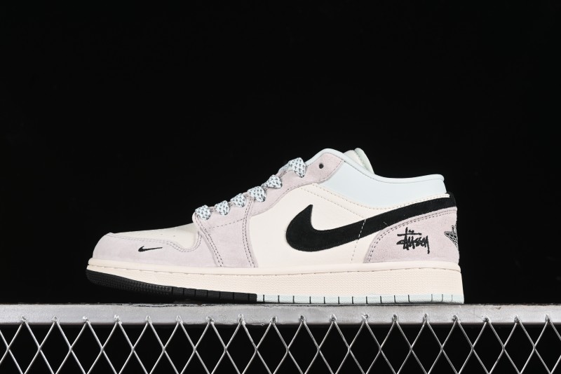 Nike Air Jordan 1 Low Stussy Collaboration - Black Blue Pigment Patchwork Retro Basketball Shoes - LJ6688-008