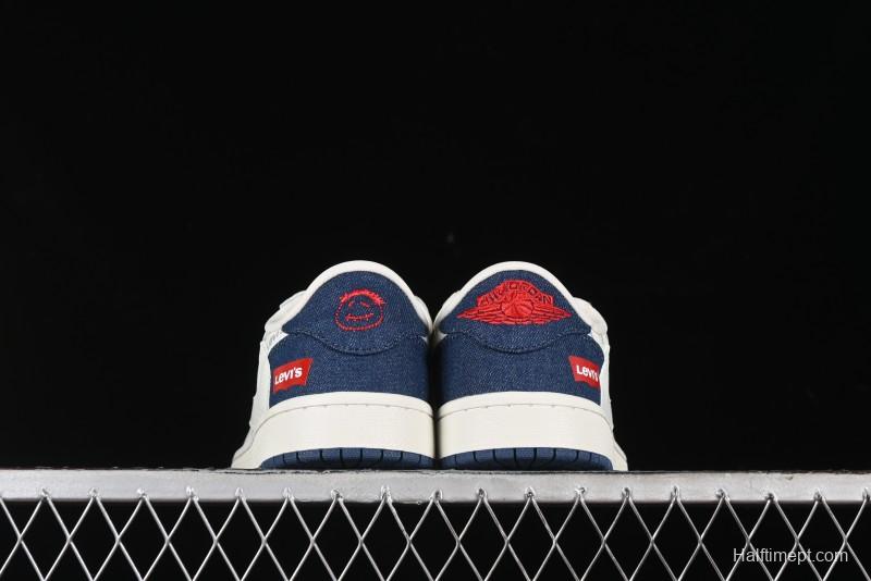 Nike Travis Scott x Fragment Design x Air Jordan 1 Low OG SP AJ1 Levi's Collaboration - White Blue Canvas Low Top Casual Sneakers - JH6088-605