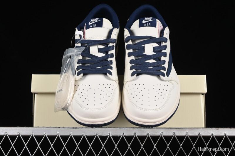Nike Travis Scott x Fragment Design x Air Jordan 1 Low OG SP AJ1 Supreme Collaboration - White Navy Blue Low Top Casual Sneakers - XZ116