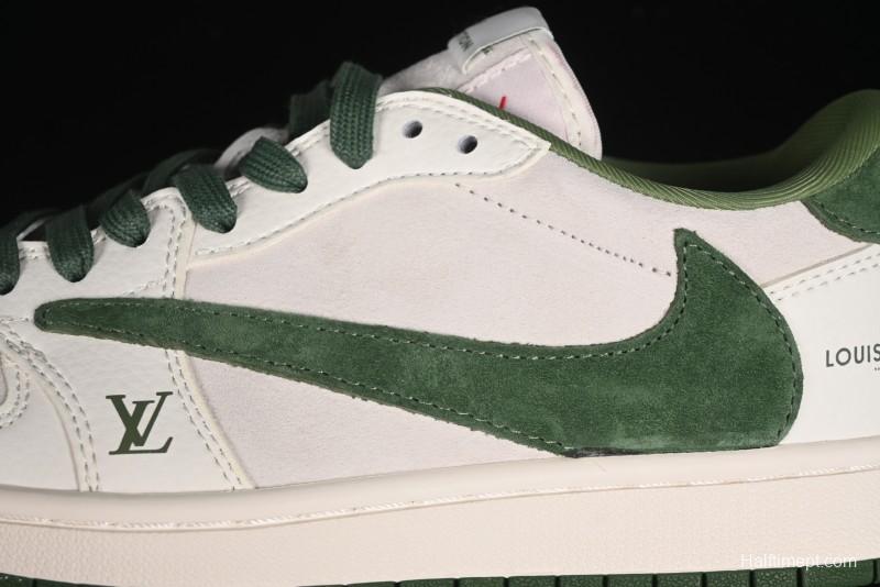 Nike Travis Scott x Fragment Design x Air Jordan 1 Low OG SP AJ1 LV Collaboration - Grey Green Pigskin Low Top Casual Sneakers - XZ1268-005