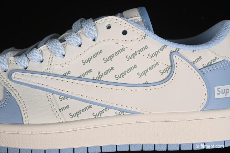 Nike Travis Scott x Fragment Design x Air Jordan 1 Low OG SP AJ1 Supreme Collaboration - White Blue Lettering Low Top Casual Sneakers - XY2688-116
