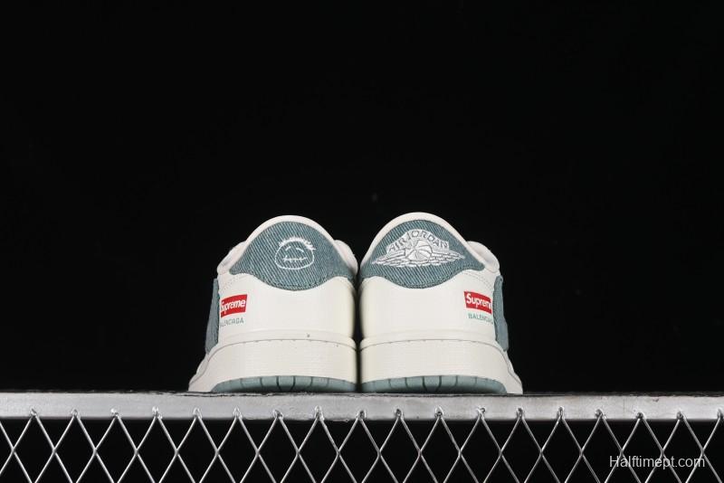 Nike Travis Scott x Fragment Design x Air Jordan 1 Low OG SP AJ1 Supreme Collaboration - Green Canvas Swoosh Low-Top Casual Sneakers - JH6088-706