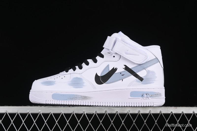Nike Air Force 1 Mid Custom Hand-Painted Broken Three Hooks Shadow Spray-Painted Strap Mid-Top Casual Sneakers - CW2289-111