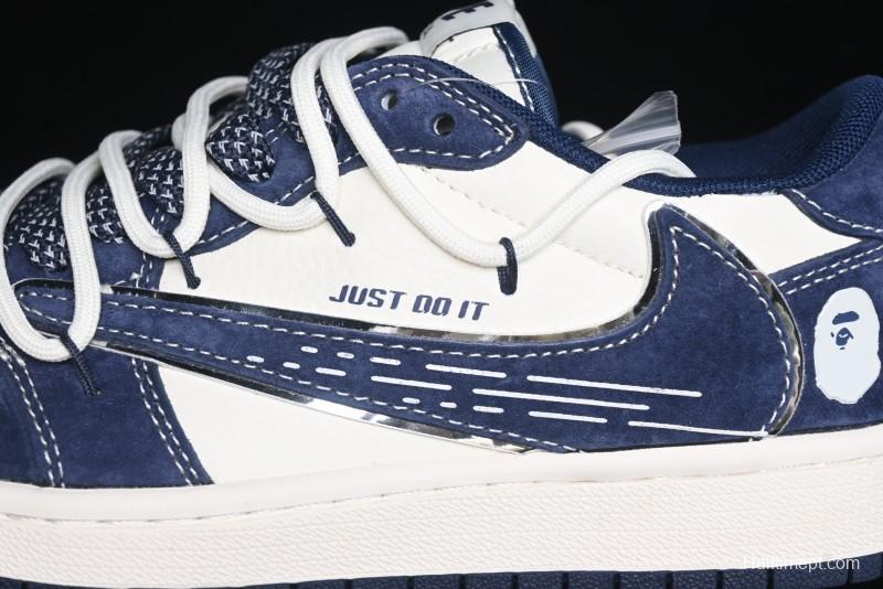 Nike Travis Scott x Fragment Design x Air Jordan 1 Low OG SP AJ1 Bape Collaboration - Klein Blue Lace-Up Low-Top Casual Sneakers - XS3186-201