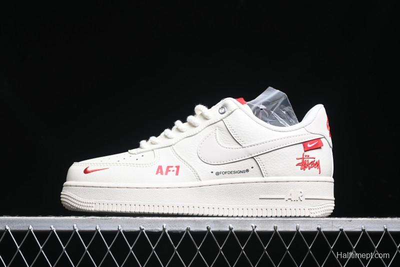 Nike Air Force 1 '07 Low Stussy Collaboration - AF1 White Red Label Low-Top Casual Sneakers - SJ6698-016