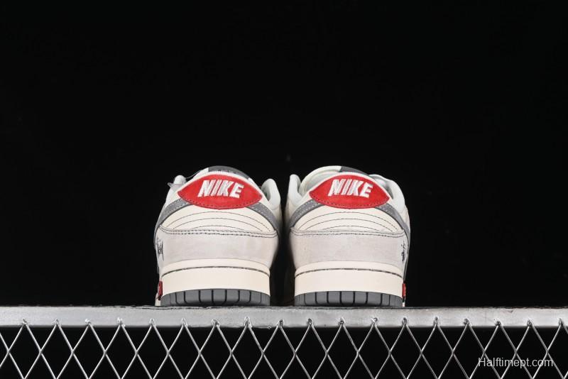 Nike SB Dunk Low Stussy Collaboration - Embroidered Grey Swoosh Anniversary Custom Low-Top Casual Sneakers - MM1089-033