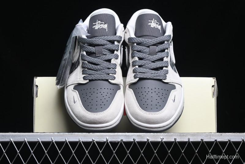 Nike Air Jordan 1 Low Stussy Collaboration - Grey Pigskin Black Base Retro Basketball Shoes - XX3318-968