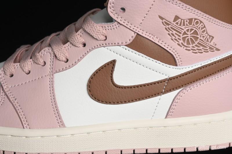 Nike Air Jordan 1 Mid AJ1 Basketball Shoes in Khaki Pink - BQ6472-620