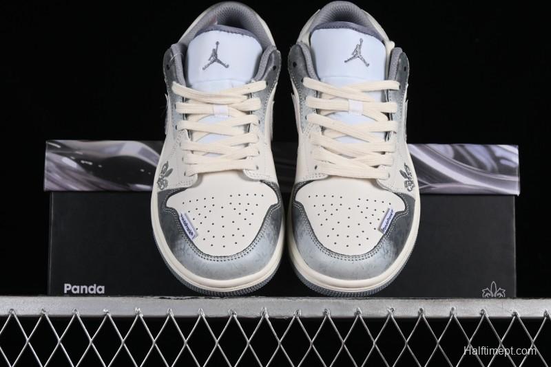 Nike Air Jordan 1 Low AJ1 Panda Prank Modern Gray Floral Low-Top Casual Sneakers - 553560-053