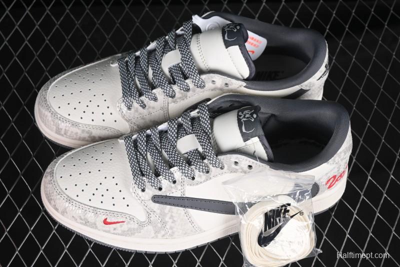 Nike Travis Scott x Fragment Design x Air Jordan 1 Low OG SP AJ1 Snake Year Limited Grey Snake Scale with Grey Swoosh Low-top Casual Sneakers - XS3086-009