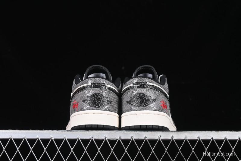 Nike Air Jordan 1 Low Retro Basketball Shoes with Custom Stussy Grey Snake Design - FC1688-202