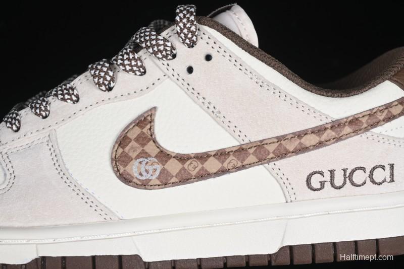 Nike SB Dunk Low Gucci Collaboration Monogram Beige Brown Swoosh Anniversary Custom Low-Top Casual Skate Shoes - DJ2024-059