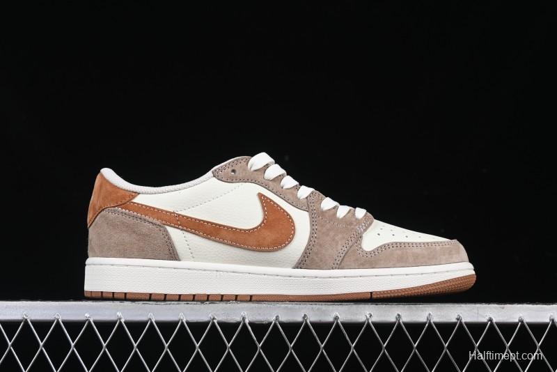 Nike Travis Scott x Fragment Design x Air Jordan 1 Low OG SP AJ1 Mocha Gold Low-top Casual Sneakers - DM7866-040