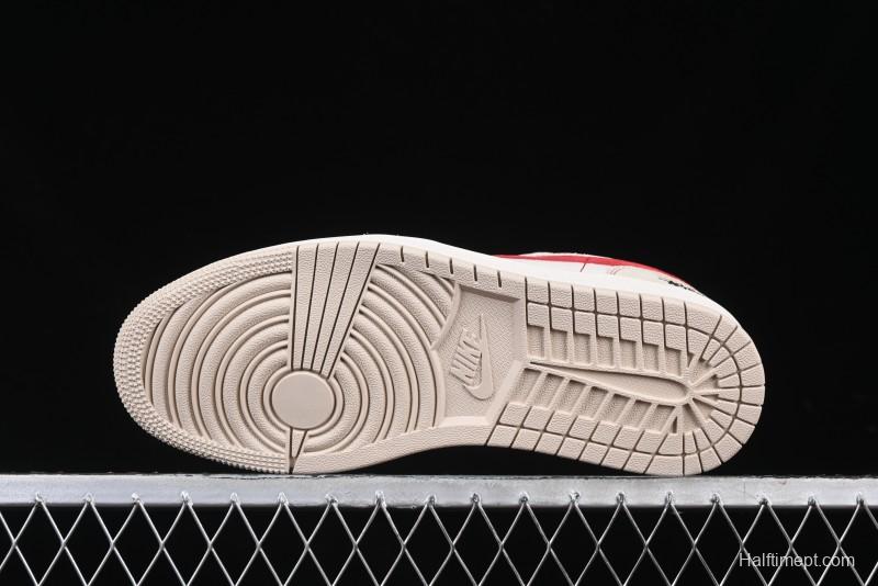 Nike Air Jordan 1 Low Stussy Collaboration Khaki Red Hook Retro Basketball Shoes - SJ9950-040