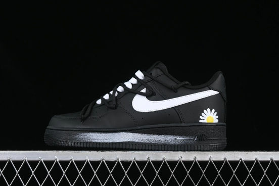 Nike Air Force 1'07 Low Casual Sneakers with 2D Daisy Black White Graffiti Hand-Painted Design - CK0316-063