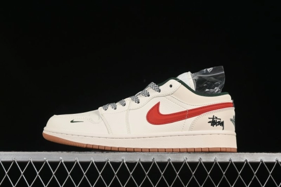 Nike Air Jordan 1 Low Stussy Collaboration Retro Basketball Shoes with 3D Swoosh - XS6086-560