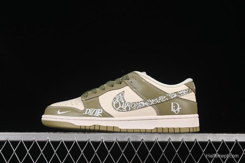 Nike SB Dunk Low Dior Graffiti Green Swoosh Anniversary Custom Low Top Casual Skate Shoes - KK1333-044