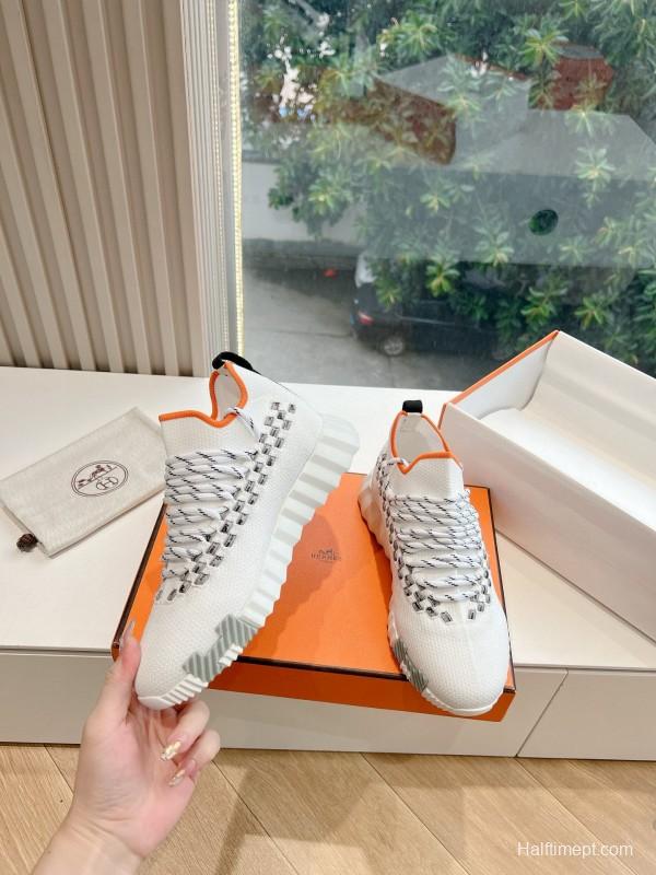 2024 Unisex Hermès White Black Orange Knit Sneakers