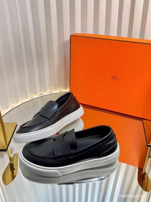 2025 Unisex Hermès Black Leather Fabric Loafers Slip-On LY00310(F)/LY00320(M)