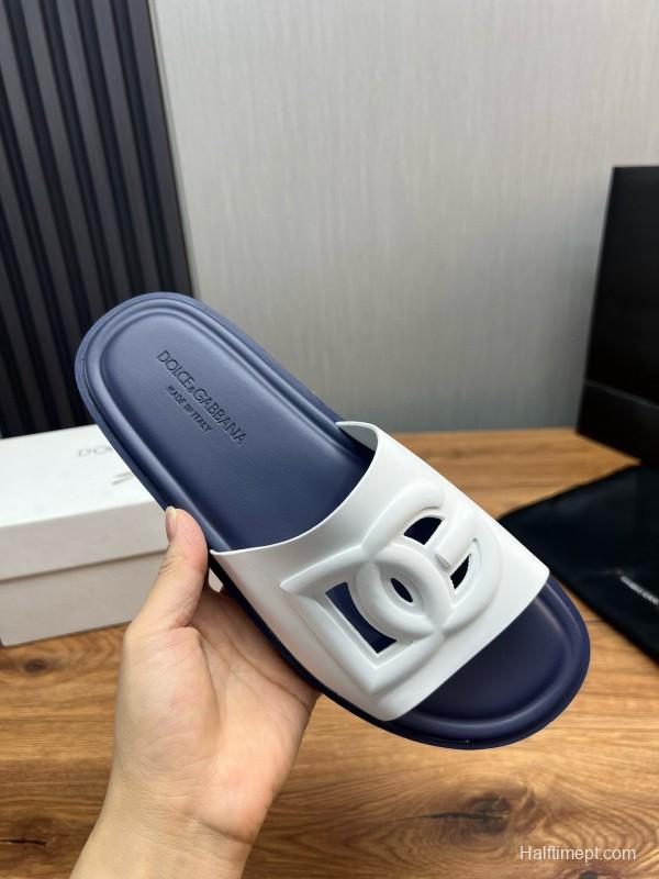 2025 Slippers Dolce & Gabbana White Navy Rubber Slippers
