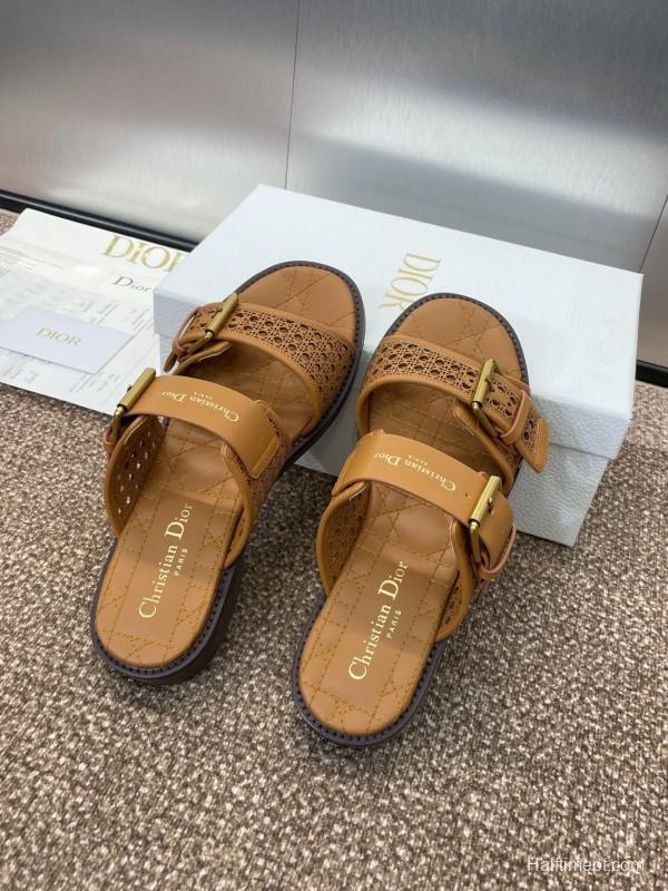 2025 Women Dior Brown Leather Slip-on Sandals