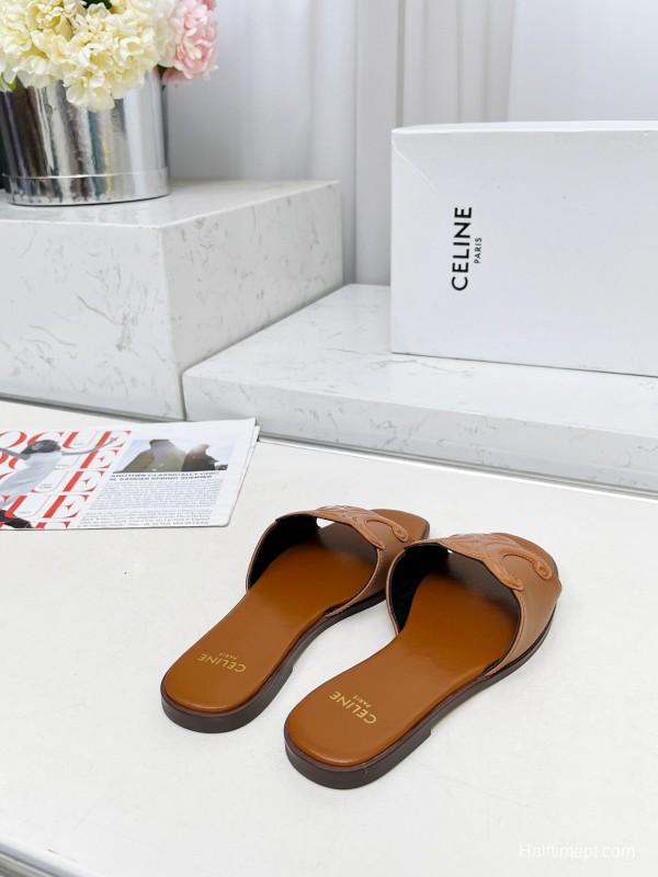 2025 Women CELINE Brown Leather Slippers LY00190