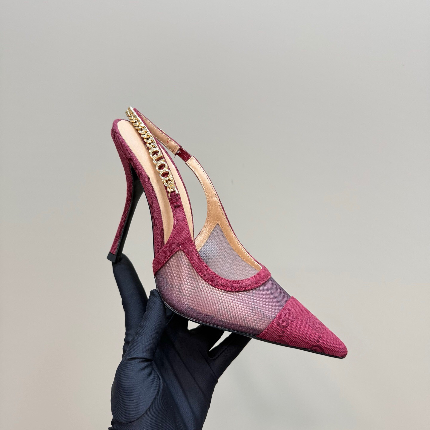 2025 Women Gucci Burgundy Mesh Chain Detail Slingback Pumps KFY00300(F)