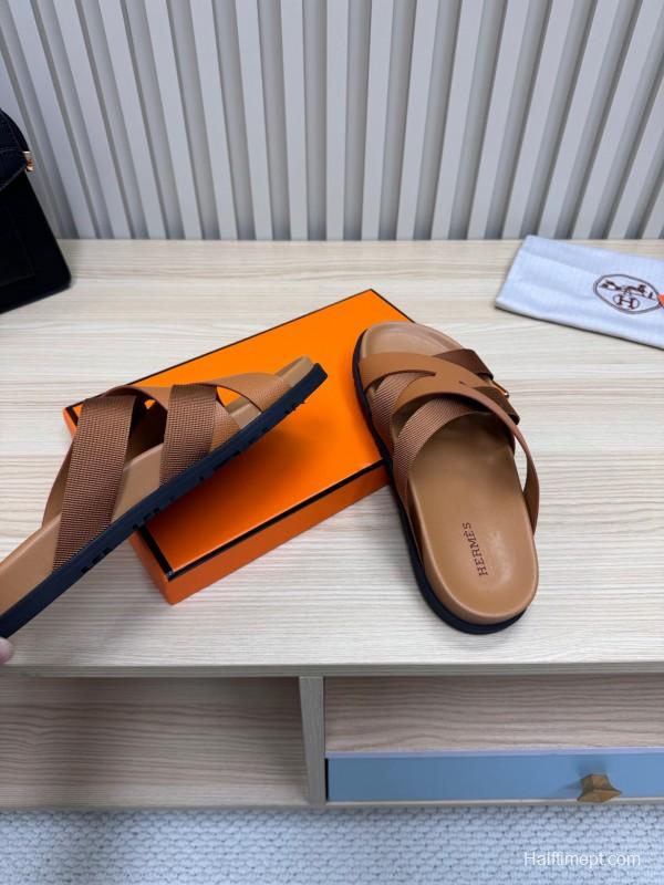 2025 Men Hermès Brown Leather Slippers