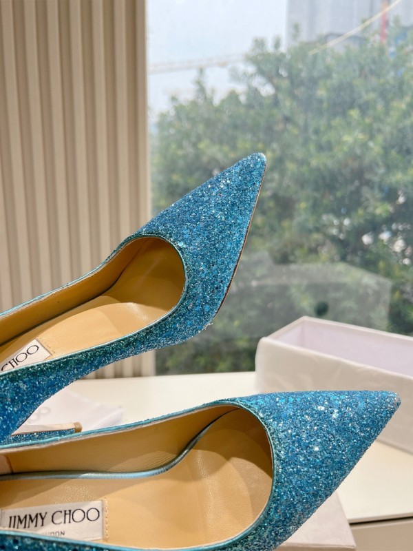 2025 Women Jimmy Choo Blue Glitter Leather Pumps