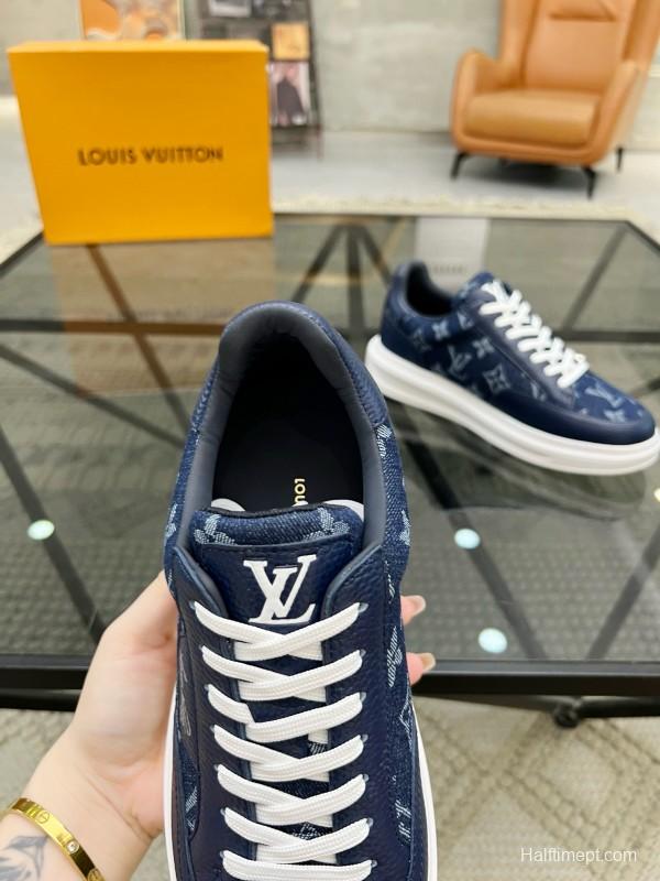 2024 Men Louis Vuitton Blue Leather Denim Sneakers MJ00400