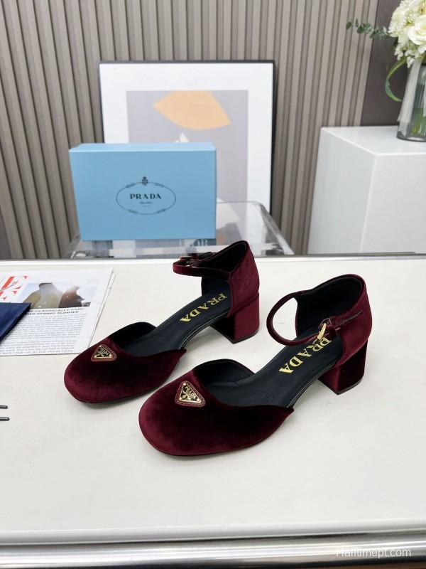 2025 Women Prada Burgundy Velvet Mary Jane Buckle KFY00270