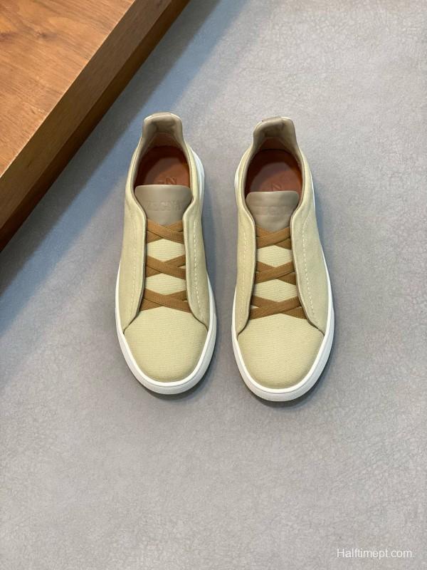 2024 Men Ermenegildo Zegna Beige PELLETESSUTA Calfskin Sneakers Elastic Detail MJ00280