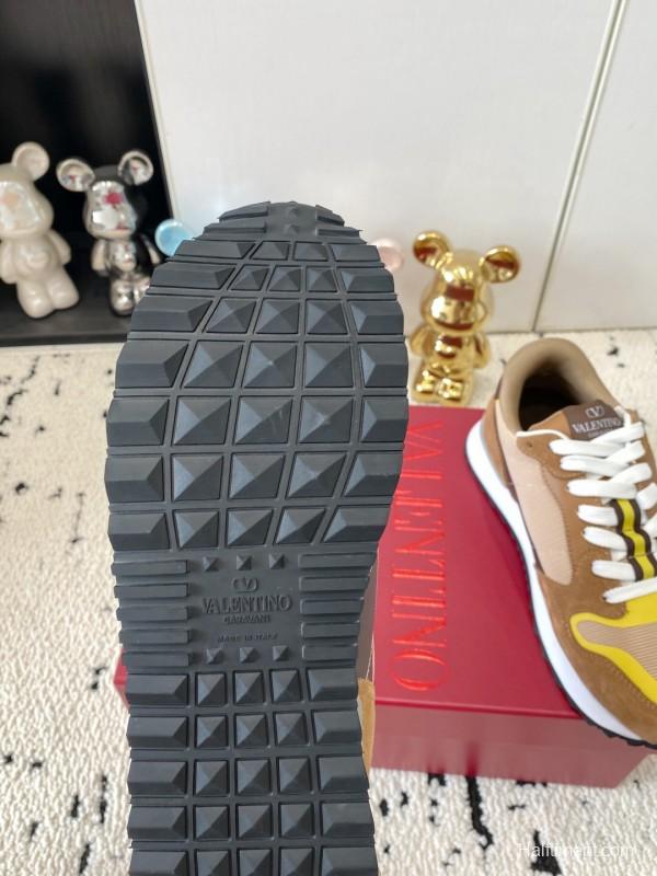 2025 Unisex Valentino Beige Brown Yellow Suede Silk Cow Leather Sneakers LY00340