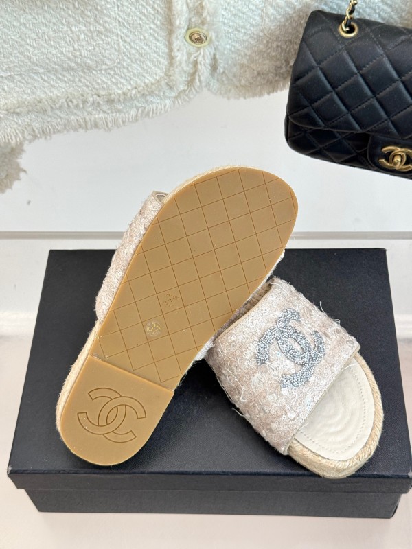 2025/Women Chanel White Lace Espadrille Slides With Sequined CC Logo KFY00240(F)
