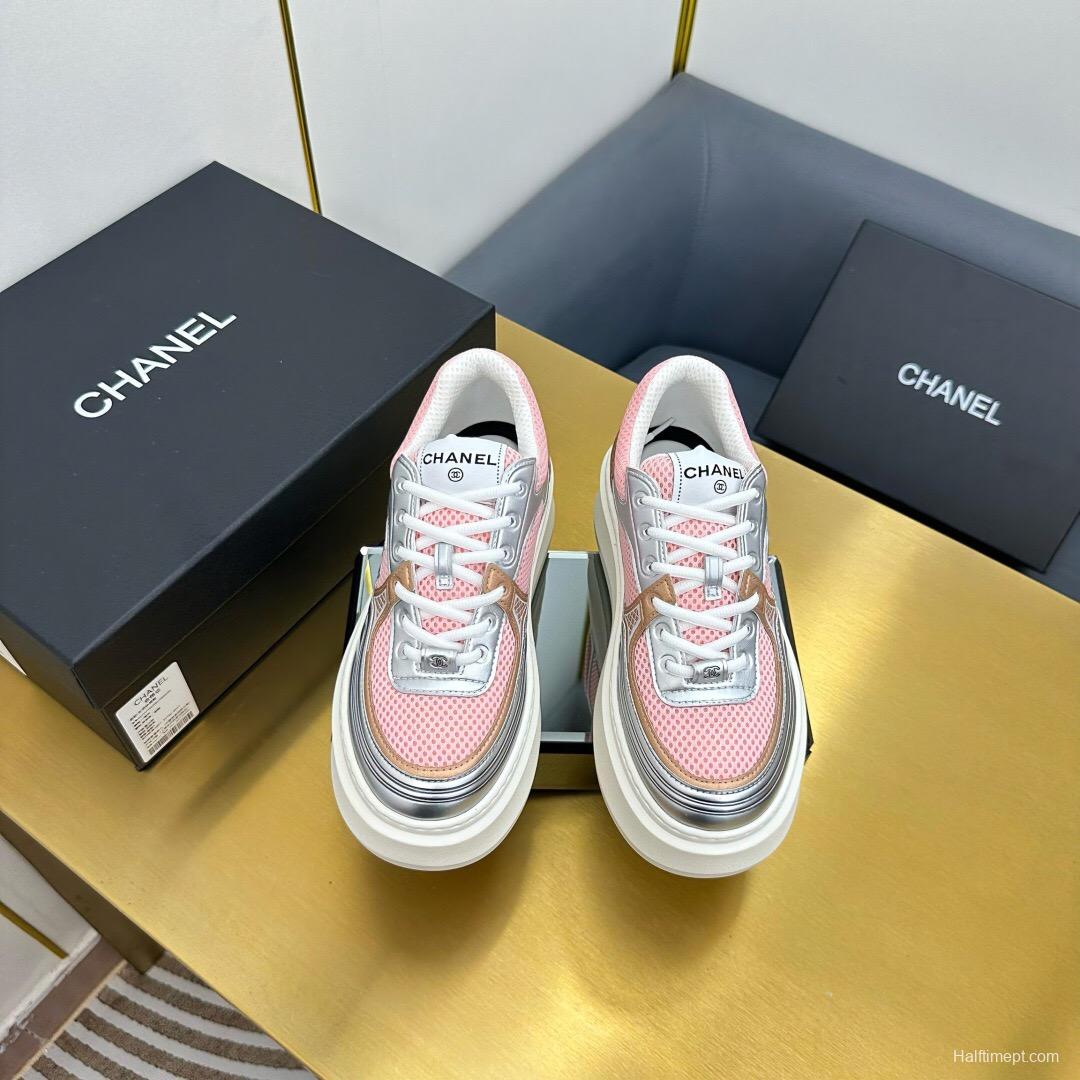 2025 Women Chanel Pink Silver Leather Mesh Sneakers