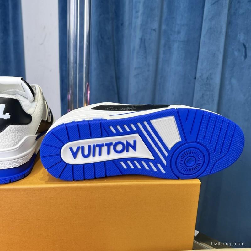 2025 Unisex Louis Vuitton Black White Blue Leather Plimsolls Stitching LV Trainer