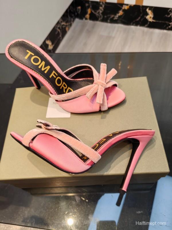 2025 Women TOM FORD Pink Velvet High Heel Backless Sandals KFY00290