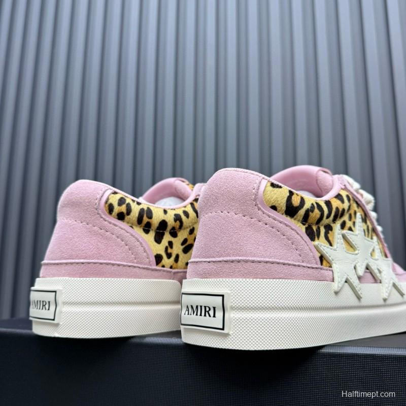 2024 Women Amiri Pink Leopard Canvas Leather Sneakers MJ00300