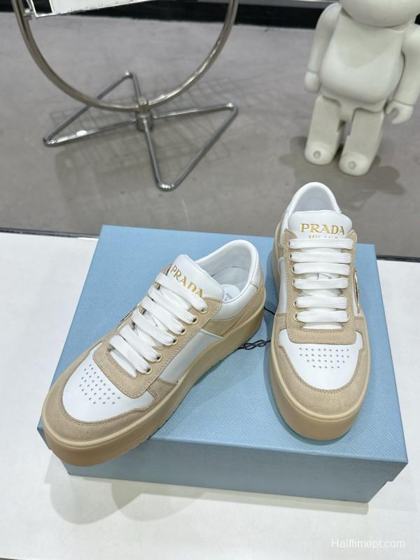 2025 Women Prada White Beige Leather Sneakers
