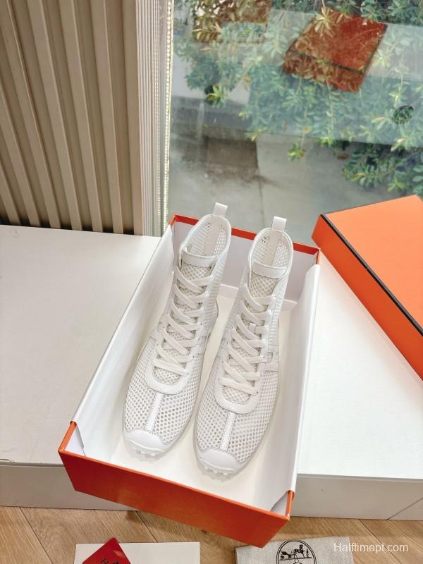 2025 Women Hermès White Leather Mesh Ankle Boots