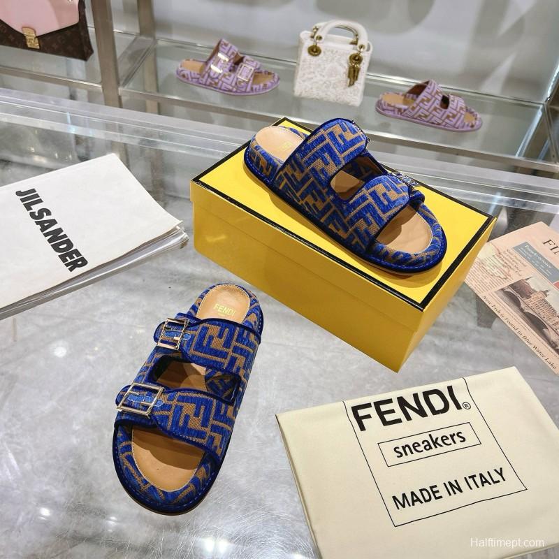 2025 Fendi Blue Fabric Leather Slippers MJ00230