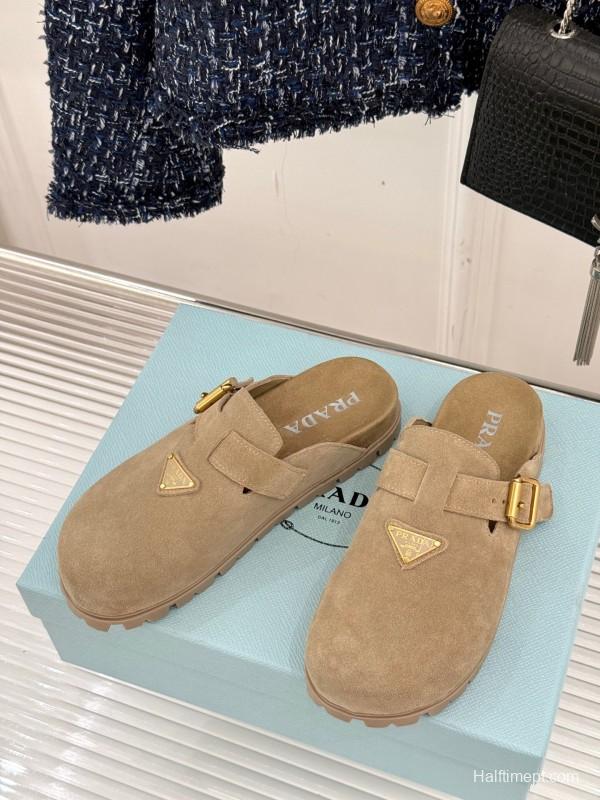 2025 Women Prada Beige Suede Clogs Buckle KFY00280