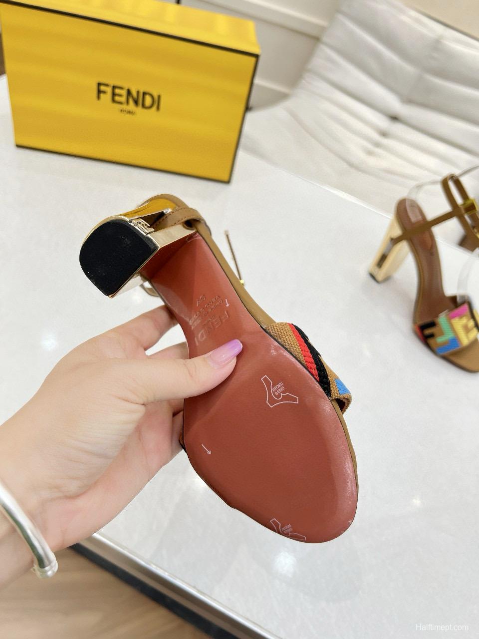 2025 Women Fendi Brown Multicolor Leather High Heel Sandals MJ00280